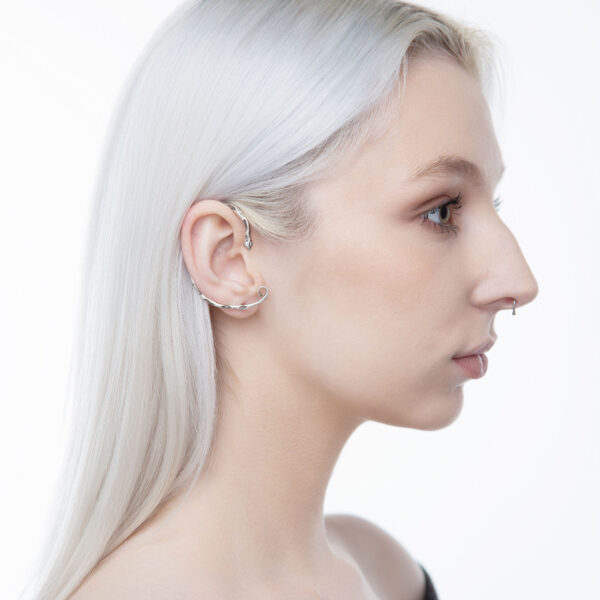 Silver snake ear cuff with piercing, Snake ear wrap for pierced ears, Silver snake jewelry